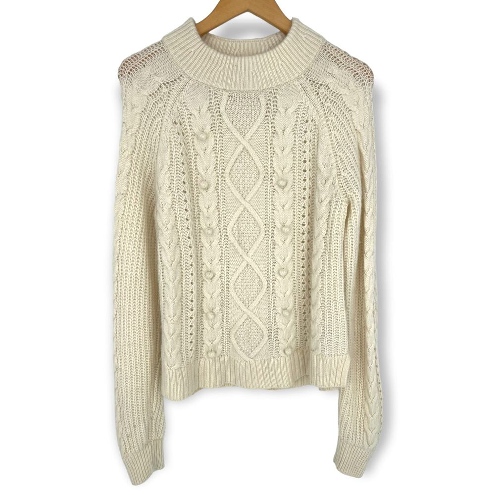 J.Crew | Medium | Cream White Pom Pom Cable Knit Sweater Lambswool Blend - Picture 4 of 8